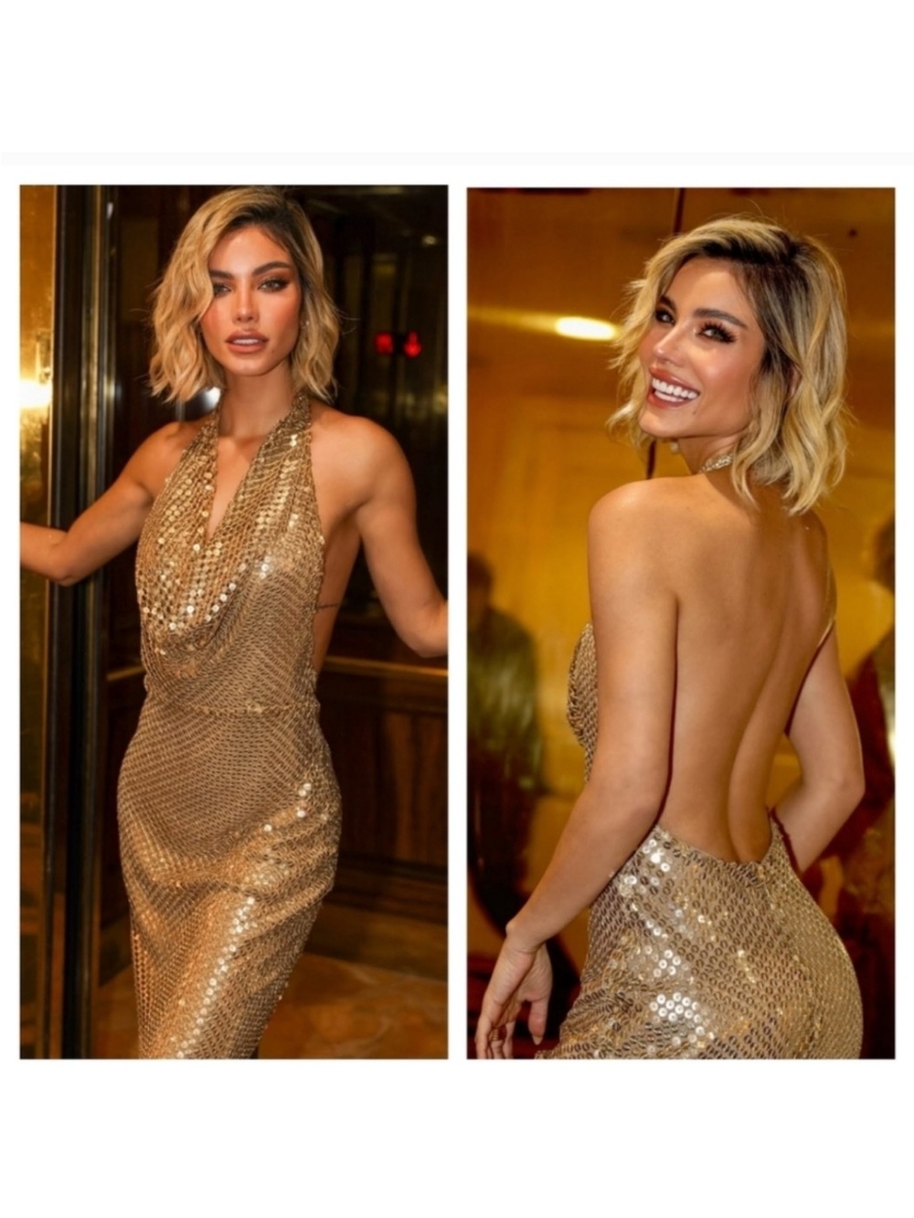 Zara Gold Sequin Backless Halter Dress